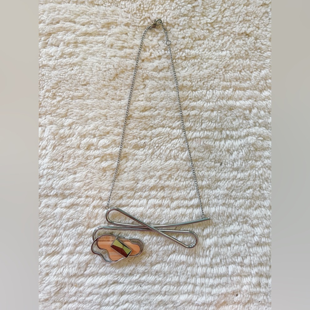 Charles & Keith Abstract Silver Pendant Statement Necklace Agate Stone Bow
